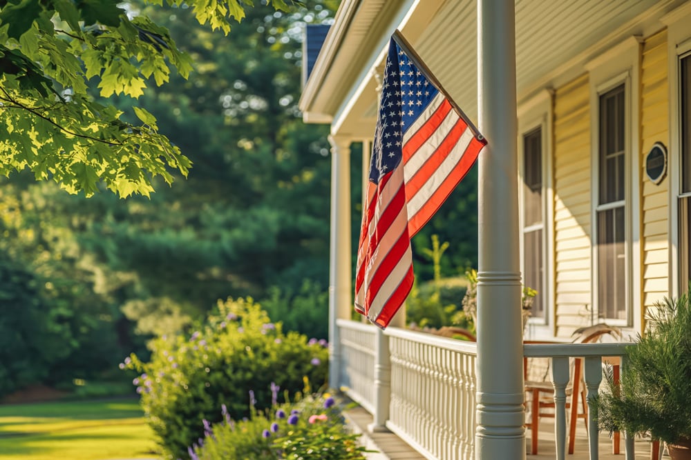 american flag on front porch